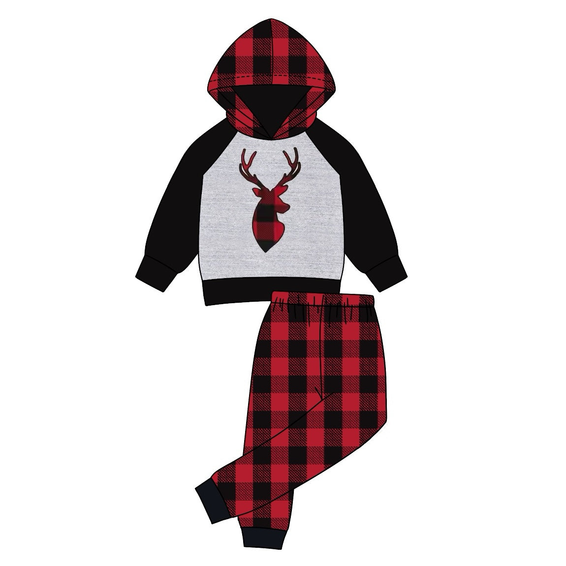 Deer red plaid hoodie pants kids boys Christmas set