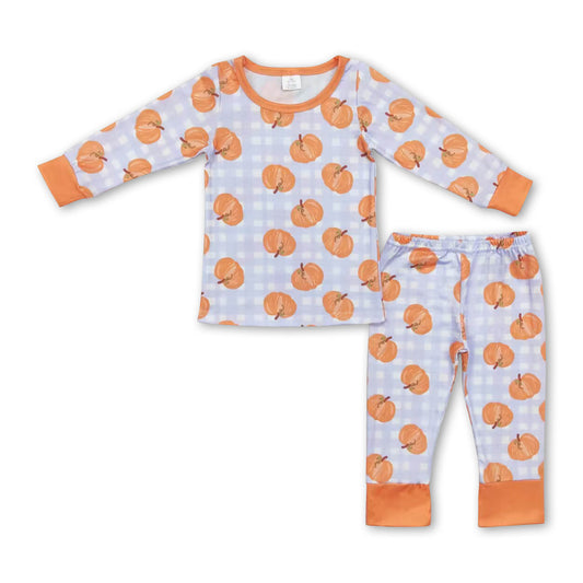 Blue plaid long sleeves pumpkin kids boys fall pajamas