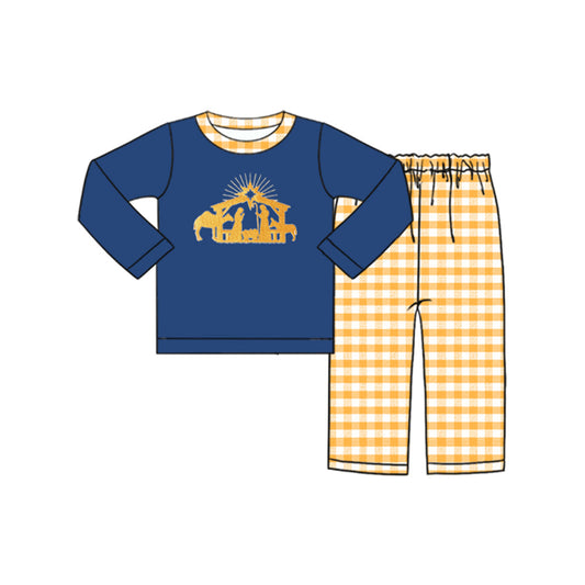 Blue nativity top plaid pants kids boys Christmas outfits