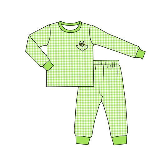 Long sleeves green face plaid kids boys Christmas pajamas