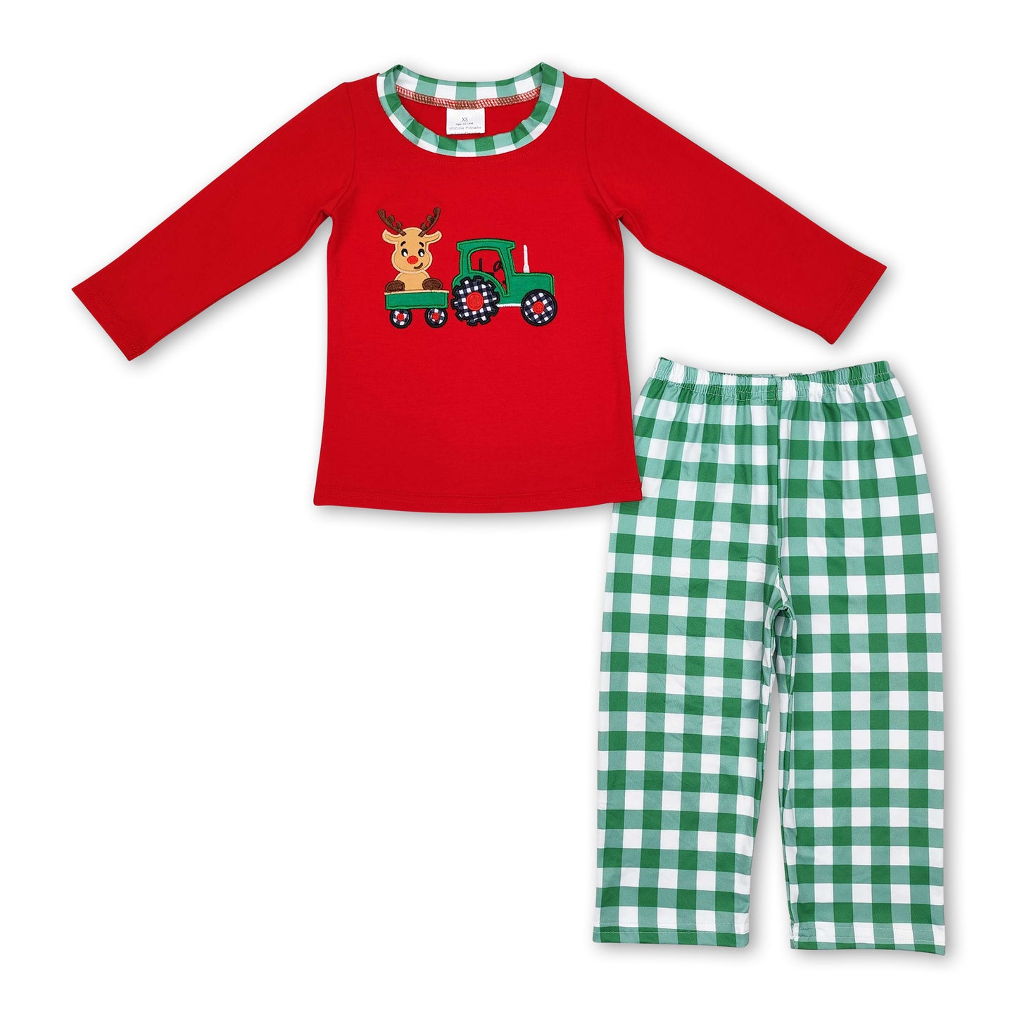 Deer truck red top green plaid pants boys Christmas outfits