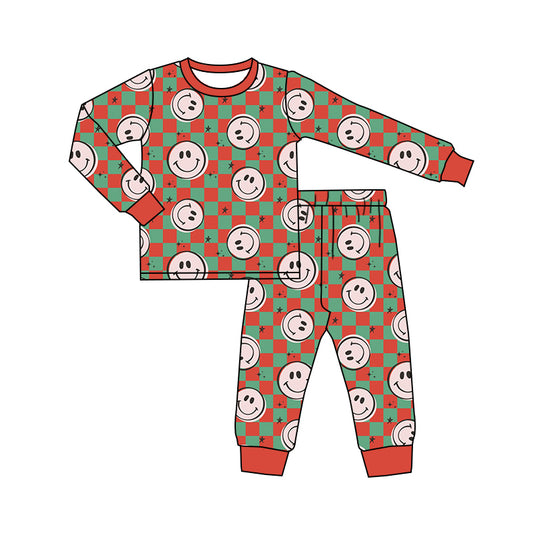 Red green plaid smile baby kids Christmas pajamas