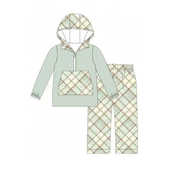 Plaid pocket hoodie pants kids boys clothing set