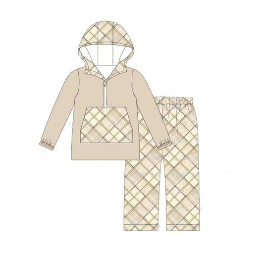 Khaki plaid pocket hoodie pants kids boys clothing set