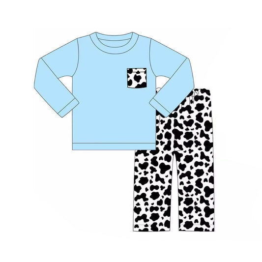Light blue cow pocket top pants boys clothing set