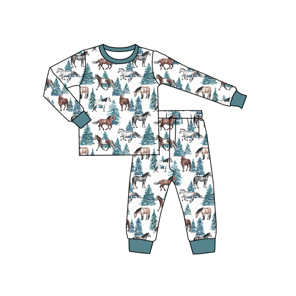 Long sleeves horse tree print kids pajamas