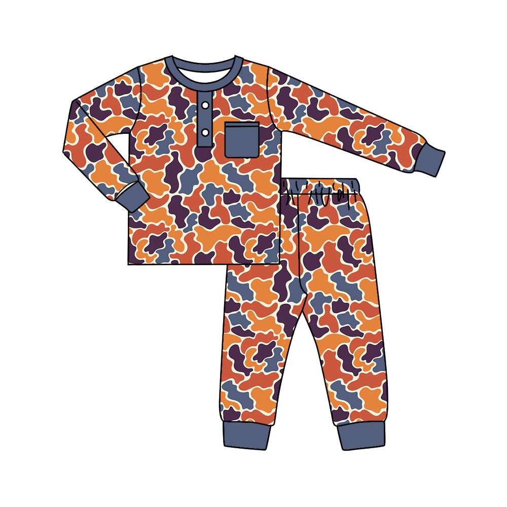 Blue pocket long sleeves camo kids boys pajamas