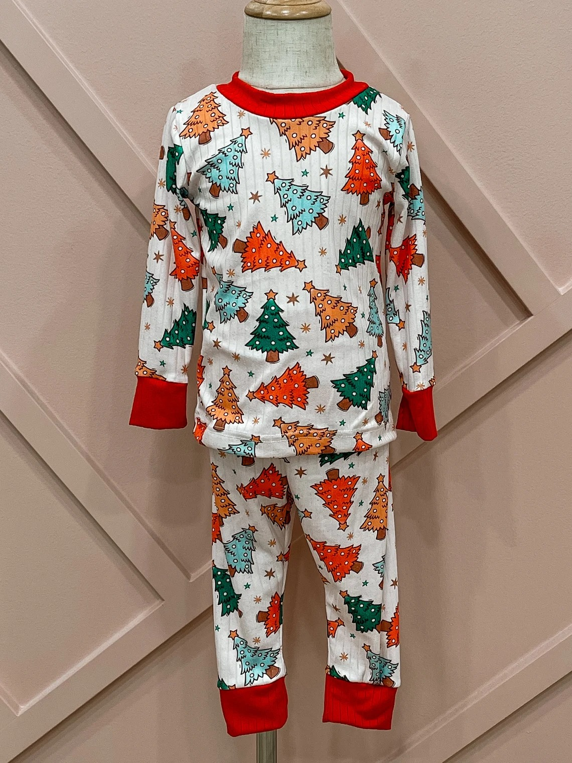 Red long sleeves Christmas tree kids boys pajamas