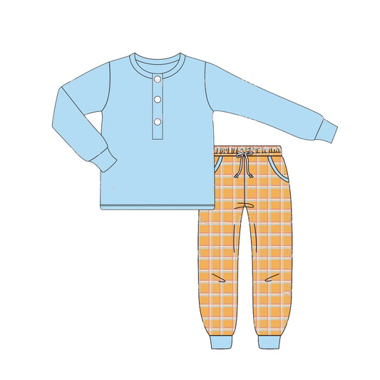 Long sleeves light blue top plaid pants boys clothes
