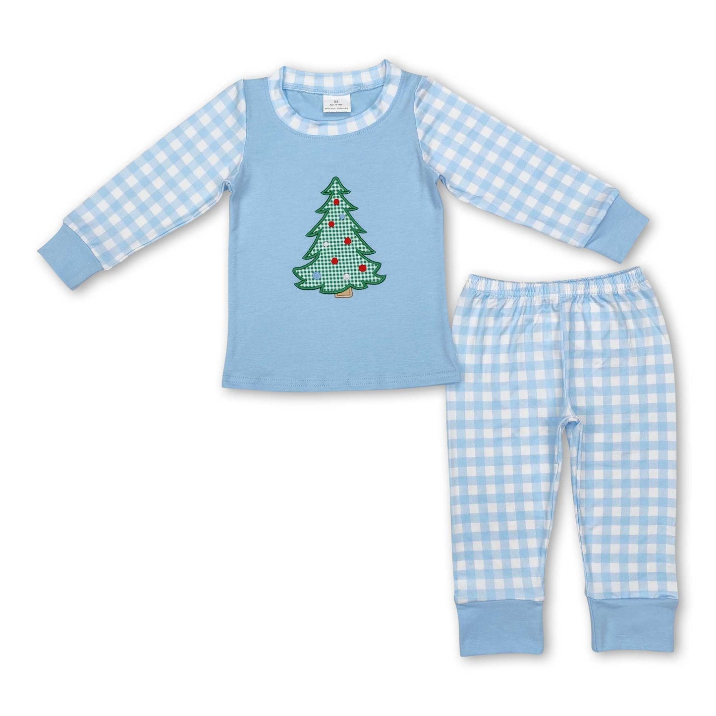 Light blue plaid Christmas tree kids boys Christmas pajamas