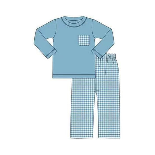 Blue plaid pocket top pants boys clothing set