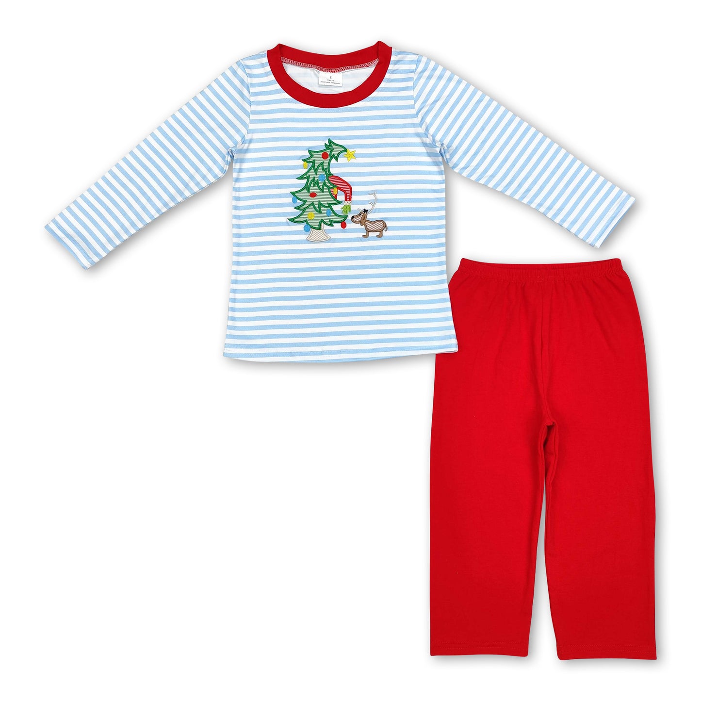 Stripe Christmas tree top red pants boys clothing set