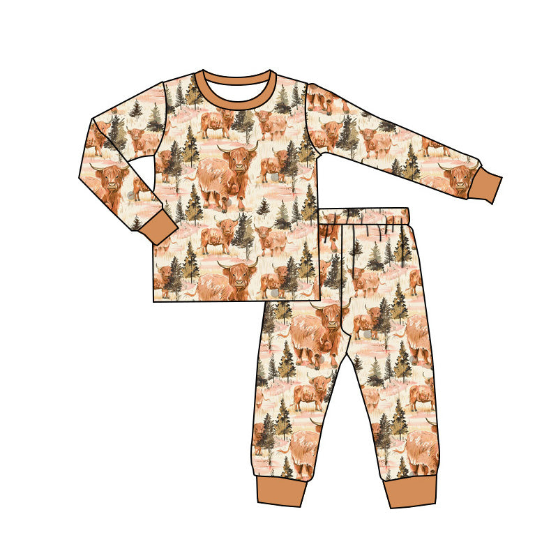 Long sleeves trees highland cow kids pajamas