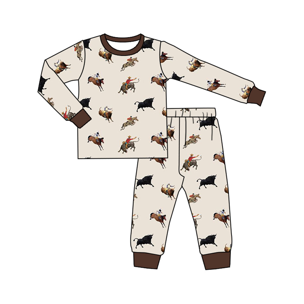 Brown long sleeves horse rodeo kids western pajamas