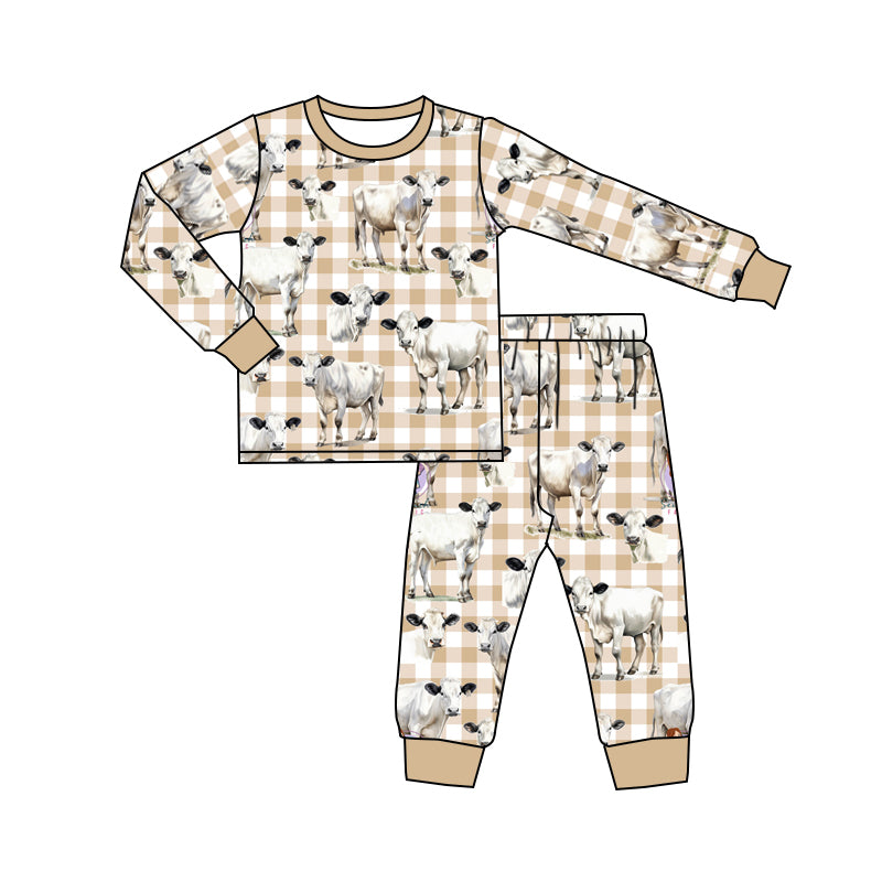 Khaki plaid cows long sleeves kids boys pajamas