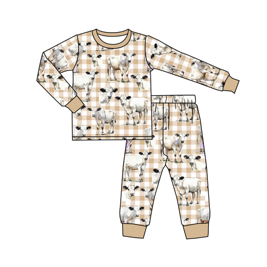 Khaki plaid cows long sleeves kids boys pajamas