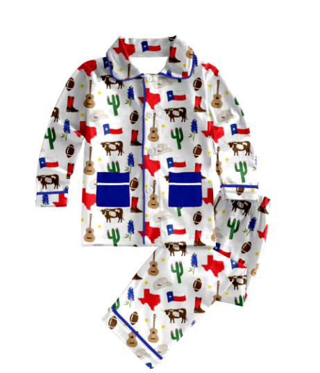 Cactus cows guitar football boys button down pajamas