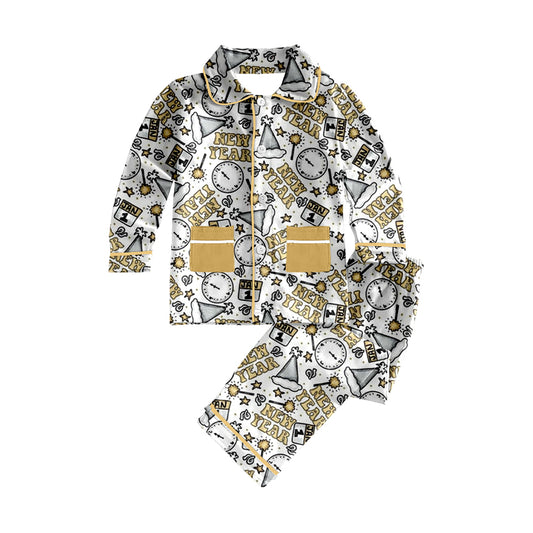 Long sleeves New year boys button down pajamas