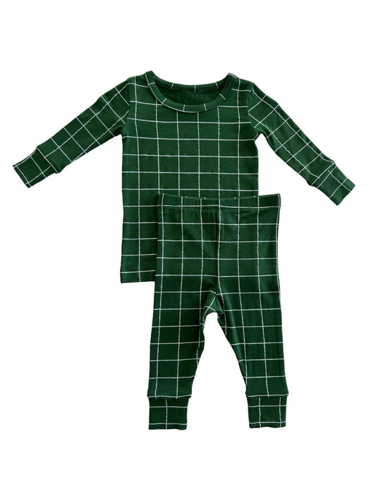 Long sleeves dark green plaid baby kids pajamas