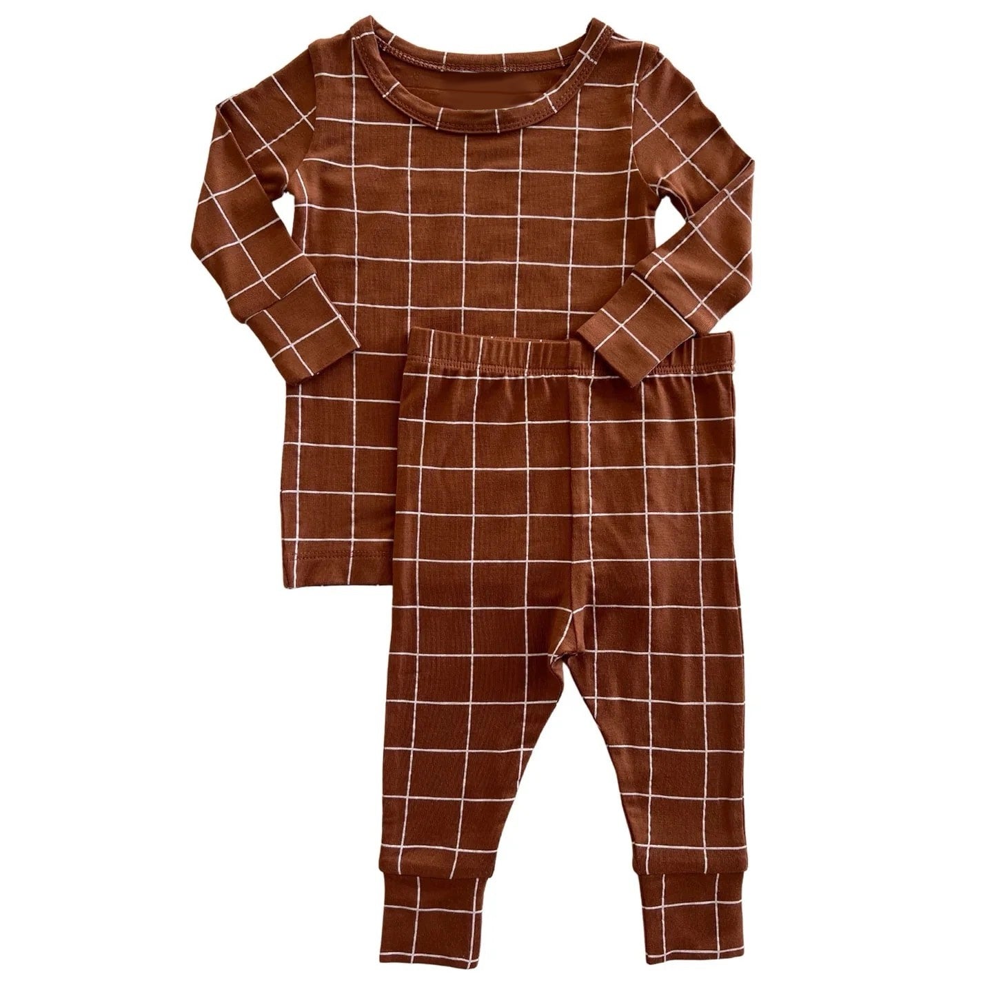 Long sleeves brown plaid baby kids pajamas