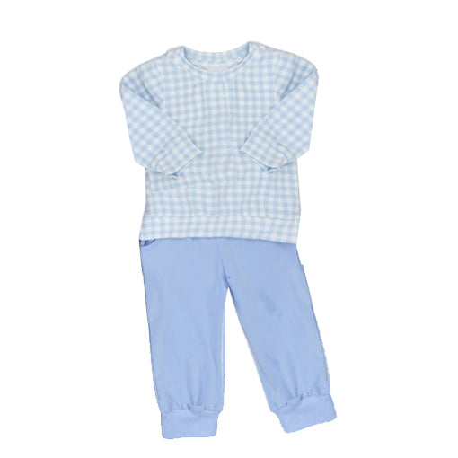 Blue long sleeves plaid top pants boys clothing set