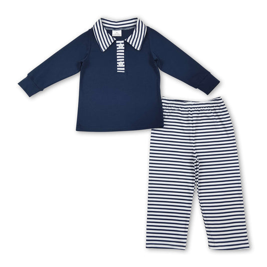 Navy polo shirt stripe pants boys clothing set