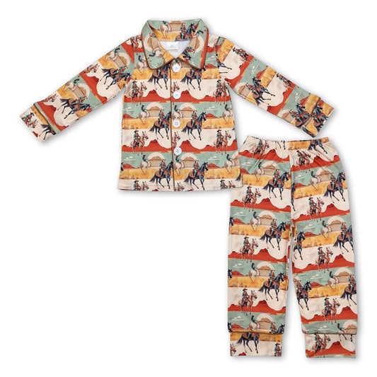 Long sleeves horse rodeo western boys button down pajamas