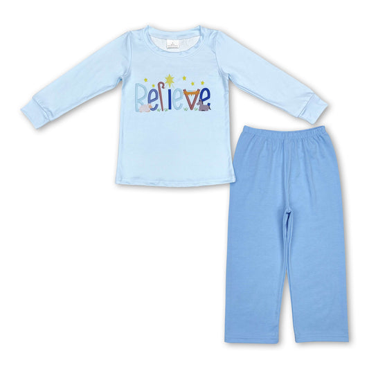 Light blue believe top pants boys Christmas outfits