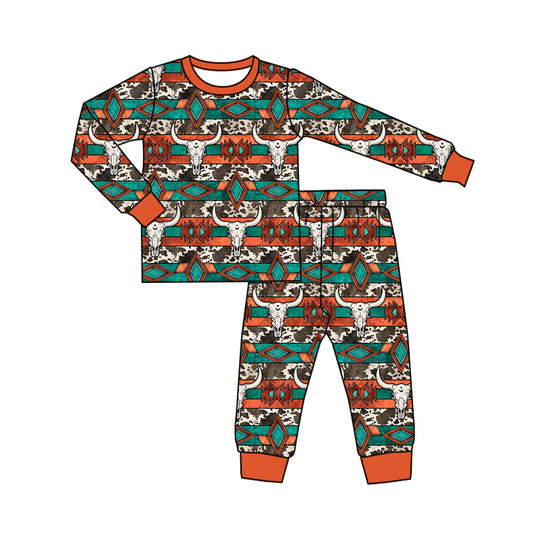 Bull skull aztec cow print baby kids western pajamas