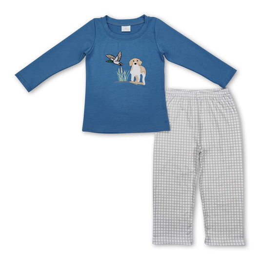 Blue dog duck top plaid pants boys hunting outfits