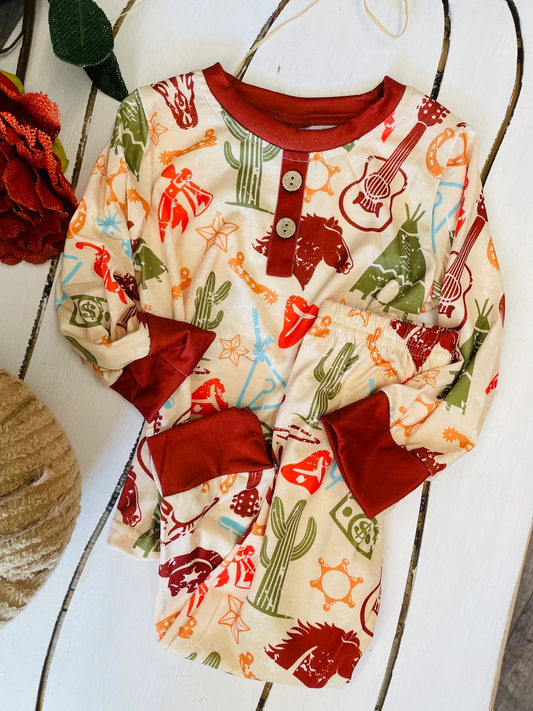 Guitar cactus horse rodeo baby kids western pajamas