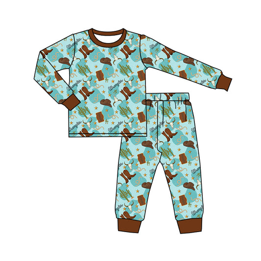 Bull skull cactus boots western baby boy pajamas