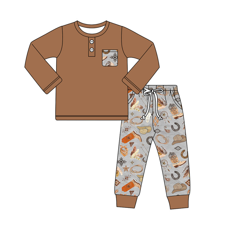 Brown pocket top boots hat bull skull pants boys western outfits