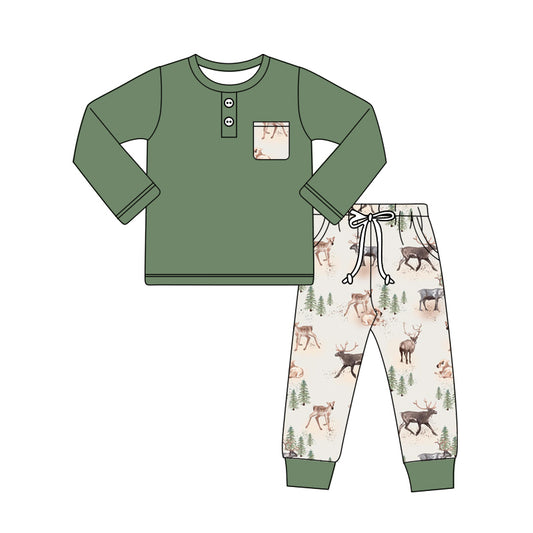 Long sleeves pocket top deer trees pants kids boys outfits