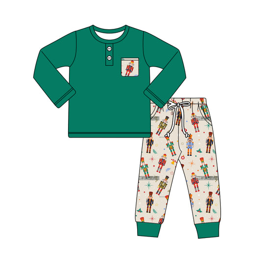 Green pocket top king print pants boys Christmas outfits