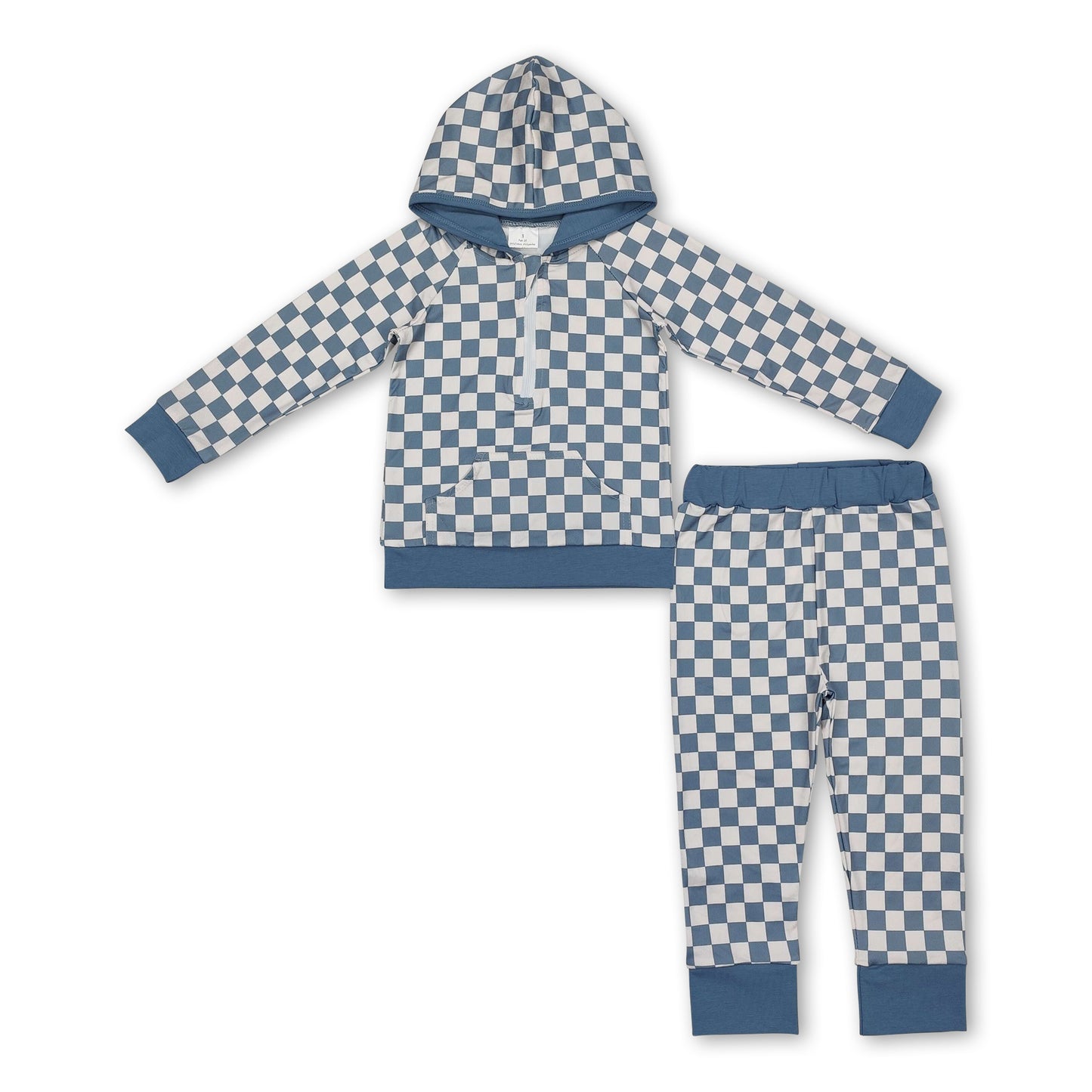 Light blue plaid long sleeves hoodie children clothing set