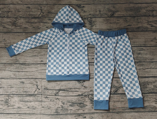 Light blue plaid long sleeves hoodie children clothing set