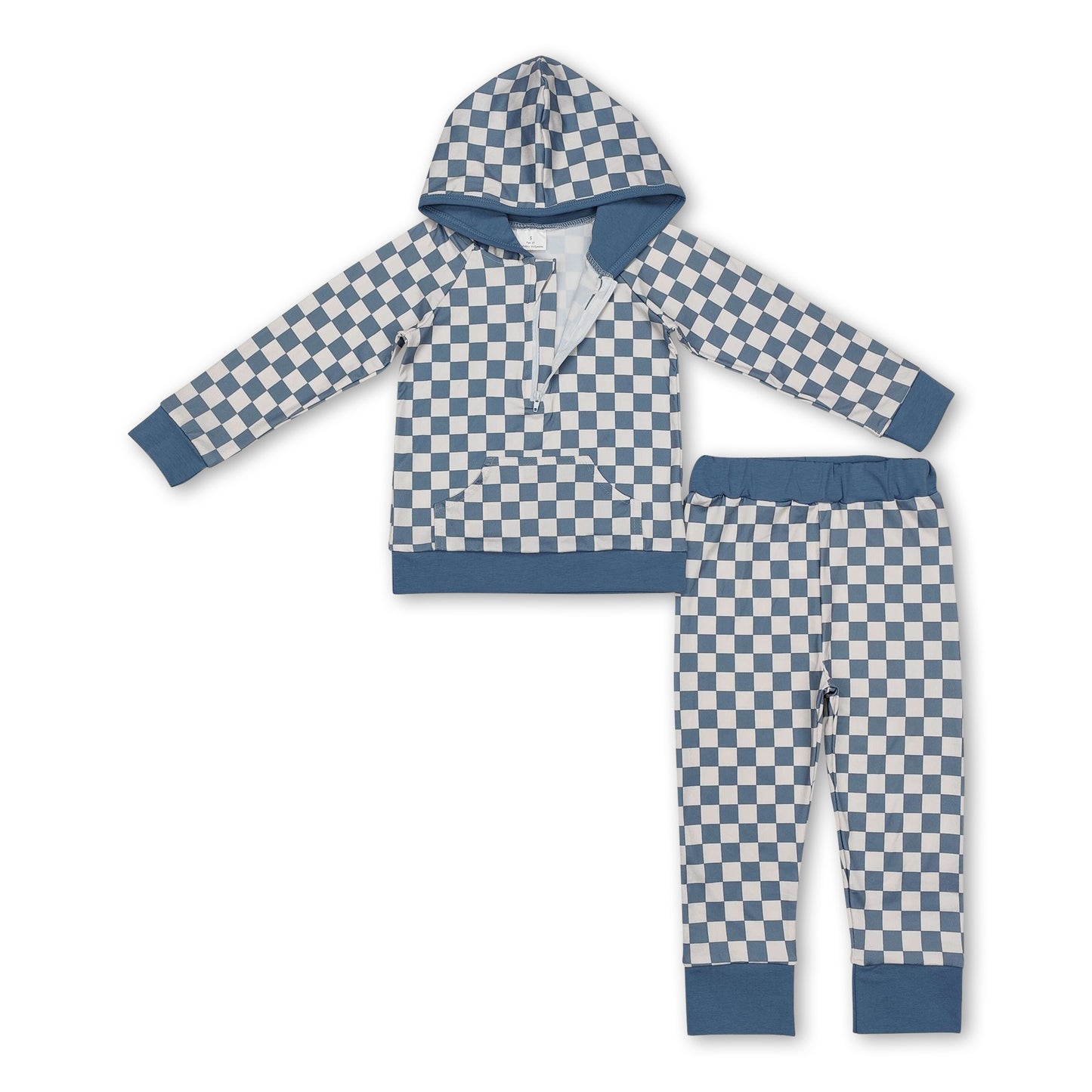 Light blue plaid long sleeves hoodie children clothing set