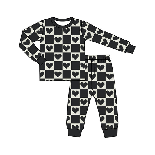 Black heart plaid long sleeves kids boys valentine's pajamas