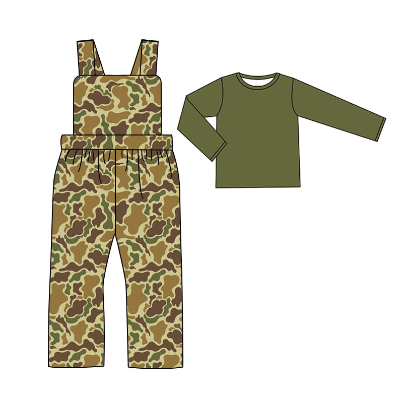 Long sleeves top olive camo overalls boys clothing set