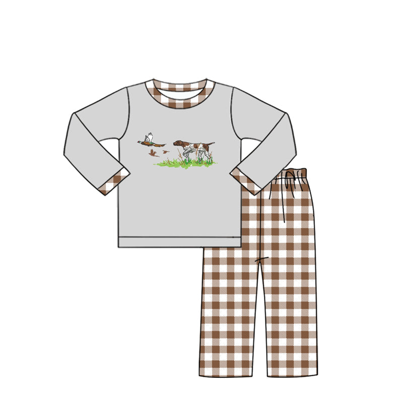 Grey dog duck top plaid pants boys hunting clothes