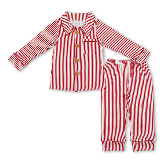 Red stripe pocket kids boys Christmas button down pajamas