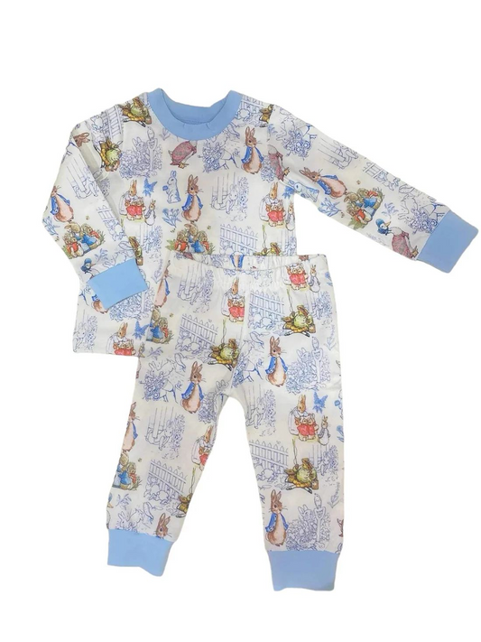 Long sleeves light blue bunny baby kids Easter pajamas