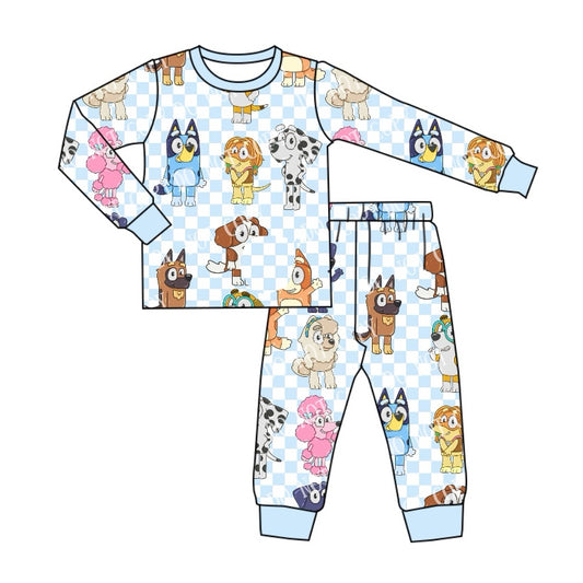 Long sleeves light blue plaid dog kids boys pajamas