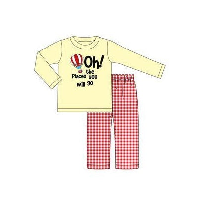 Yellow hot air balloon top red plaid pants hat cat boys clothes