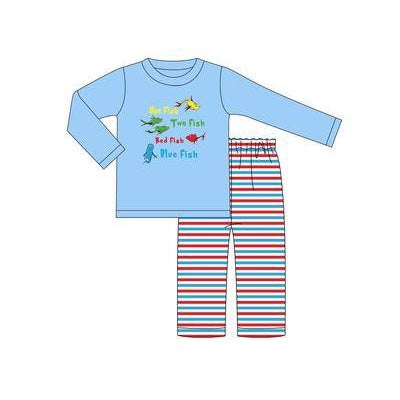 Blue fish cat hat top stripe pants boys clothing