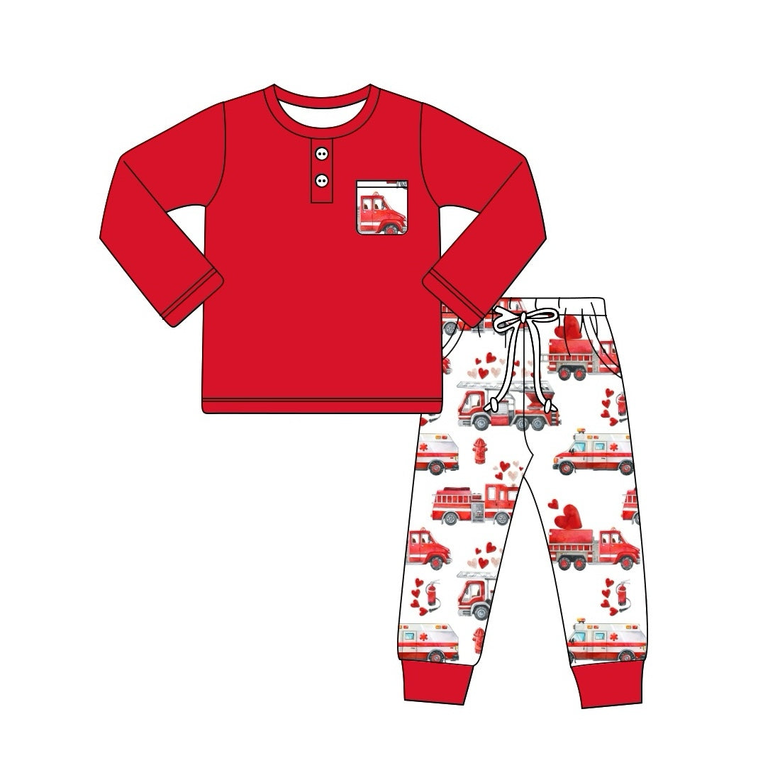 Red pocket top heart fire truck pants boys valentine's outfits