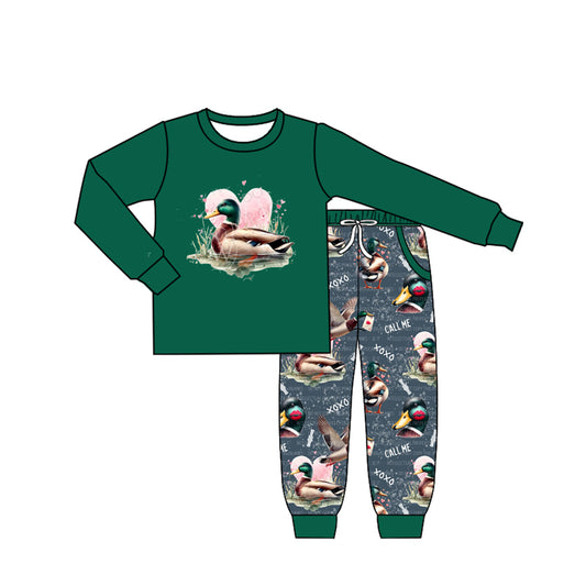 Green duck heart top pants kids boys valentine's outfits