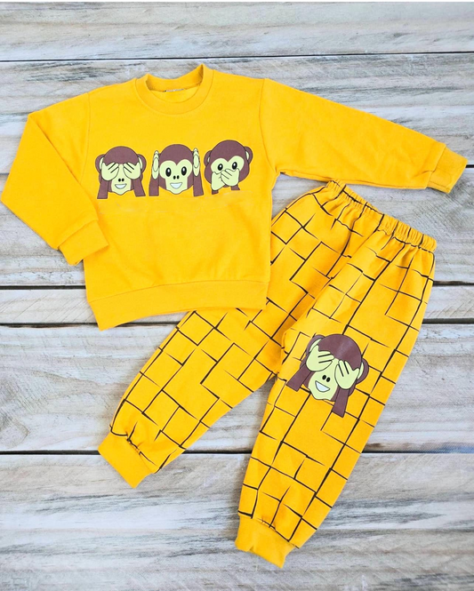 Long sleeves yellow monkey top pants boys clothing set