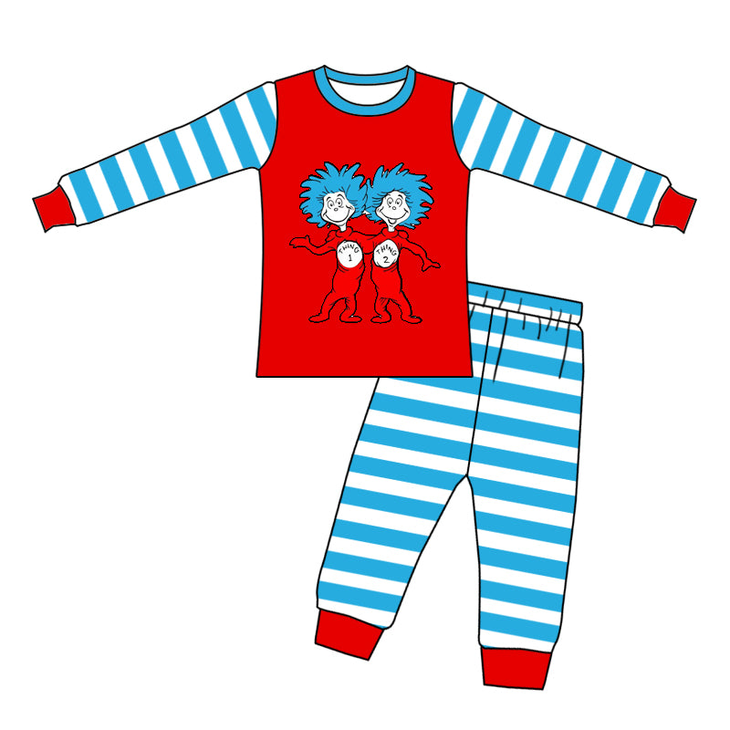 Light blue stripe cat hat top pants baby kids pajamas